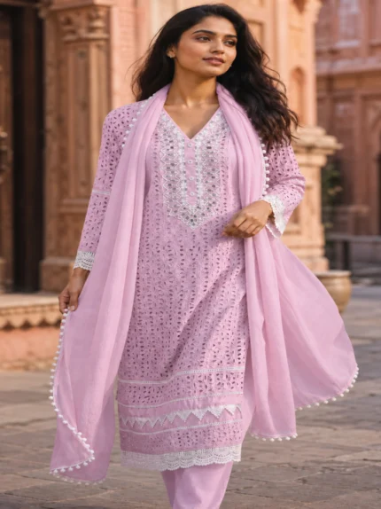 Womens Premium Shifli Pure Cotton Elegant Kurta Pant Dupatta Set