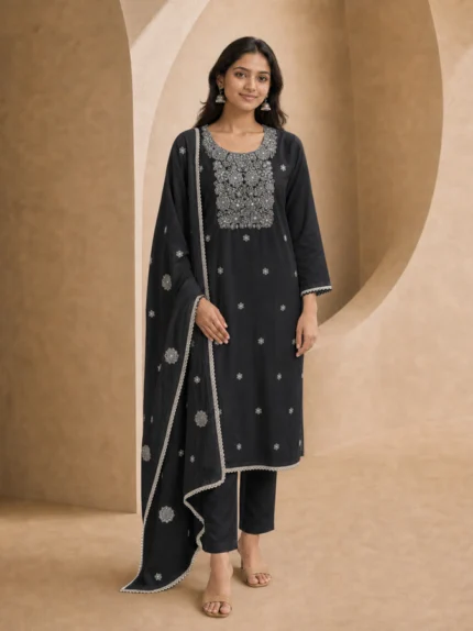 Monochrome Designer Ethnic Suit Set with Dupatta