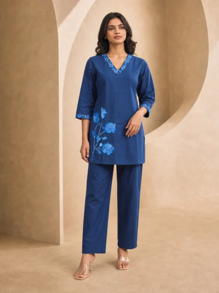 Royal Blue Floral Embroidered Straight Kurta and Trouser Set