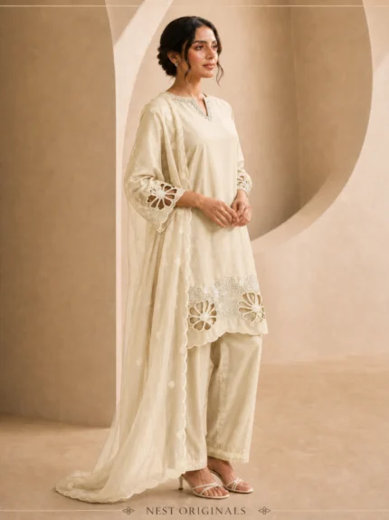 Muave Floral Cutwork Straight Kurti Trouser and Dupatta Set