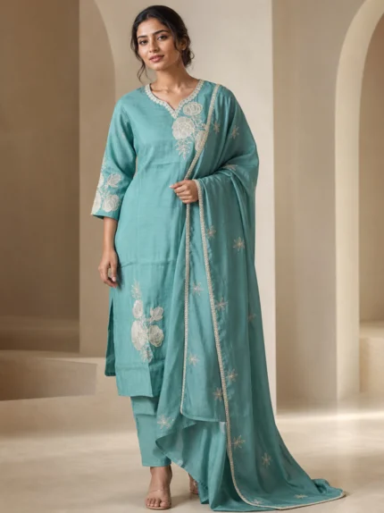 Turquioise Blue Floral Embroidered Kurta Pant with Dupatta Set