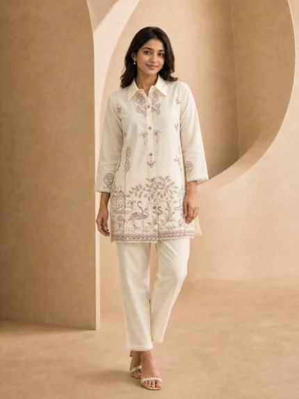 Designer Collar Co ord Set with Subtle Emrbroidery