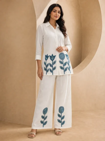 White Cotton Shirt and Wide Leg Trouser Co ord Set with Blue Motifs