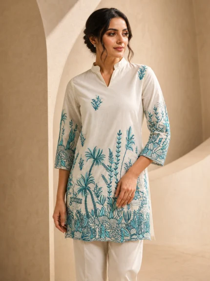 Botanical Print and Thread Ebroidered Designer Suit