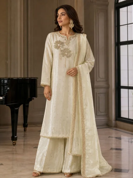 Ivory Cream Woven Silk Kurta Set with Handcrafted Floral Motifs & Dupatta