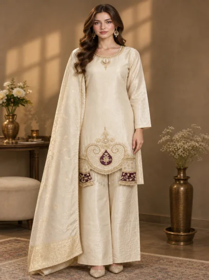 Ivory White Embroidered Kurta Set with Contrast Fuchsia Pink Zari Dupatta