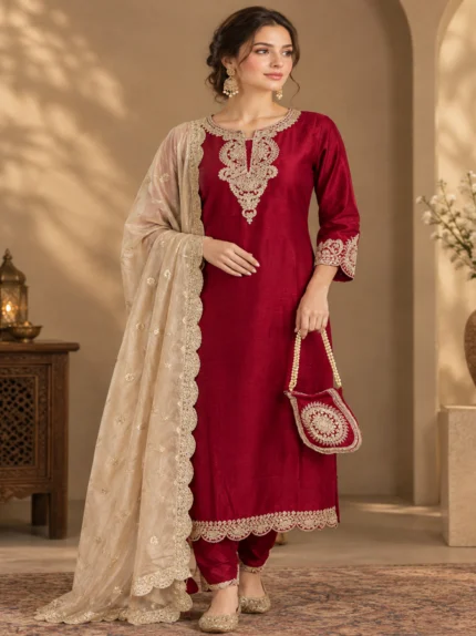 Deep Maroon Silk Straight Kurta Set with Cutwork Embroidery & Organza Dupatta