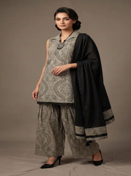 Monochrome Paisley Farshi Salwar Suit