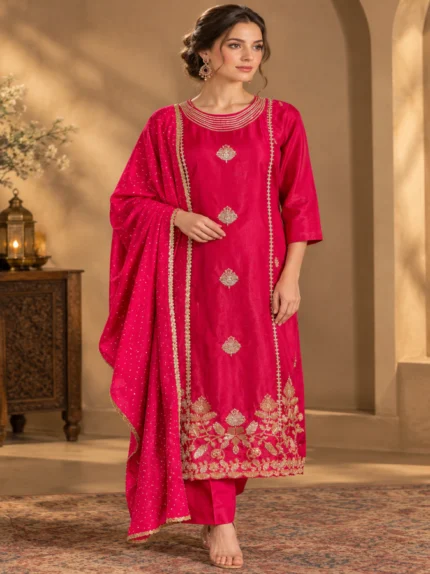 Rani Pink Embroidered Chanderi Silk Kurta Set with Dupatta & Pants