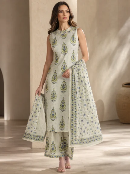 Indigo Blossom A Line Suit Set with Embroidered Neck