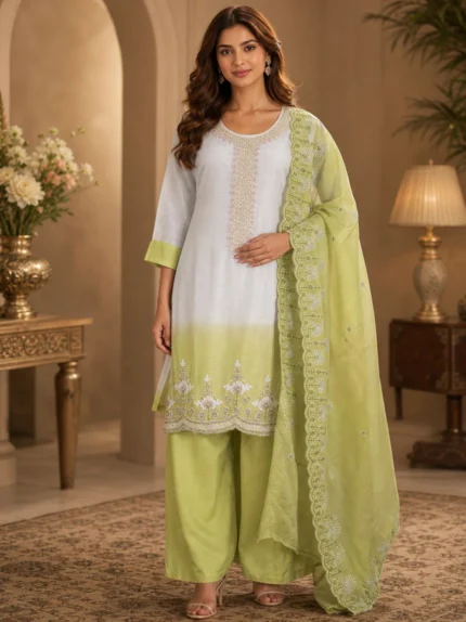 Lime Green & White Ombre Embroidered Silk Kurta with Palazzo & Scalloped Dupatta